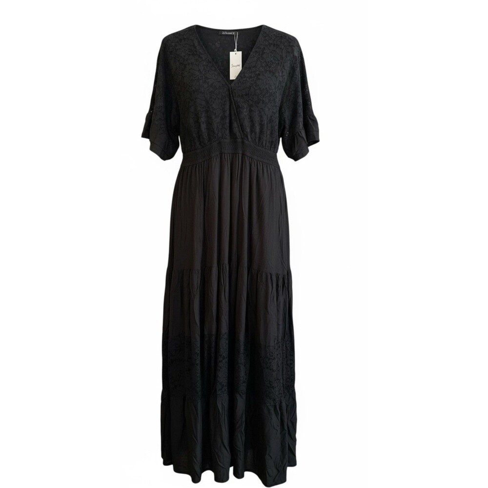 Simplee Women's Maxi Size XL Black Boho Style Dress Short Sleeve V Neck NWT NEW